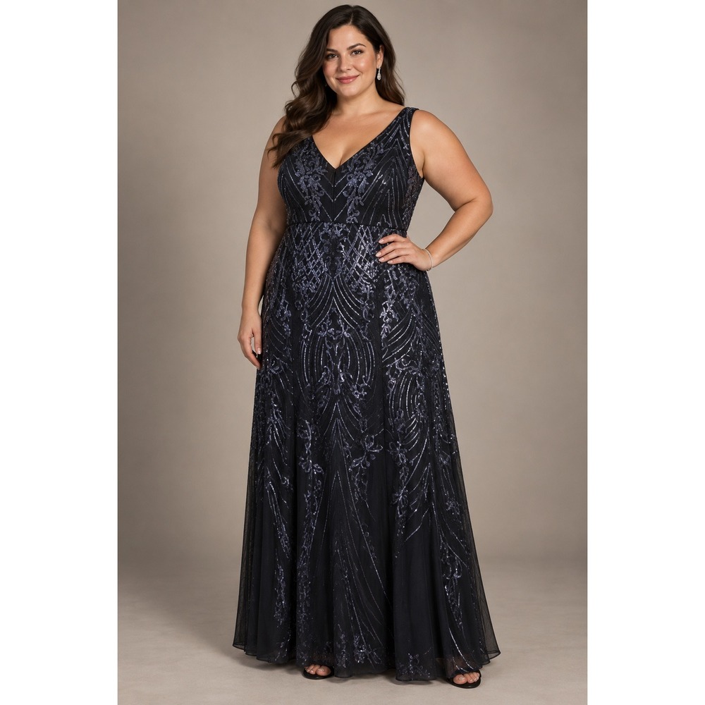 Galina Signature Size 18 Black Sequin Art Deco Formal Maxi Gown